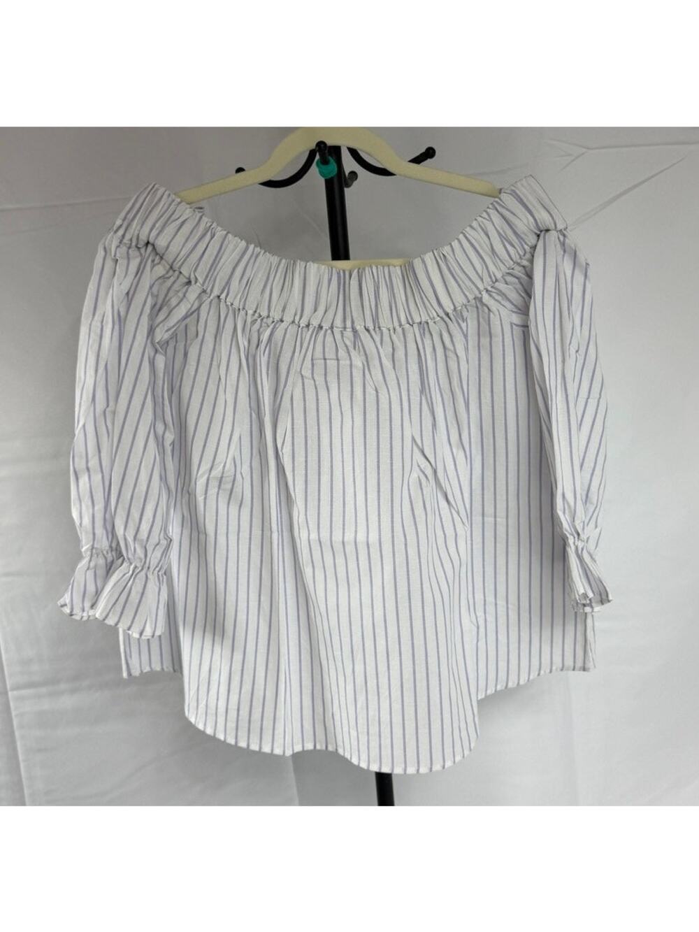 Harshman Crisp Linen Cotton White Lavender Stripes Off Shoulder Gruner Bow Small